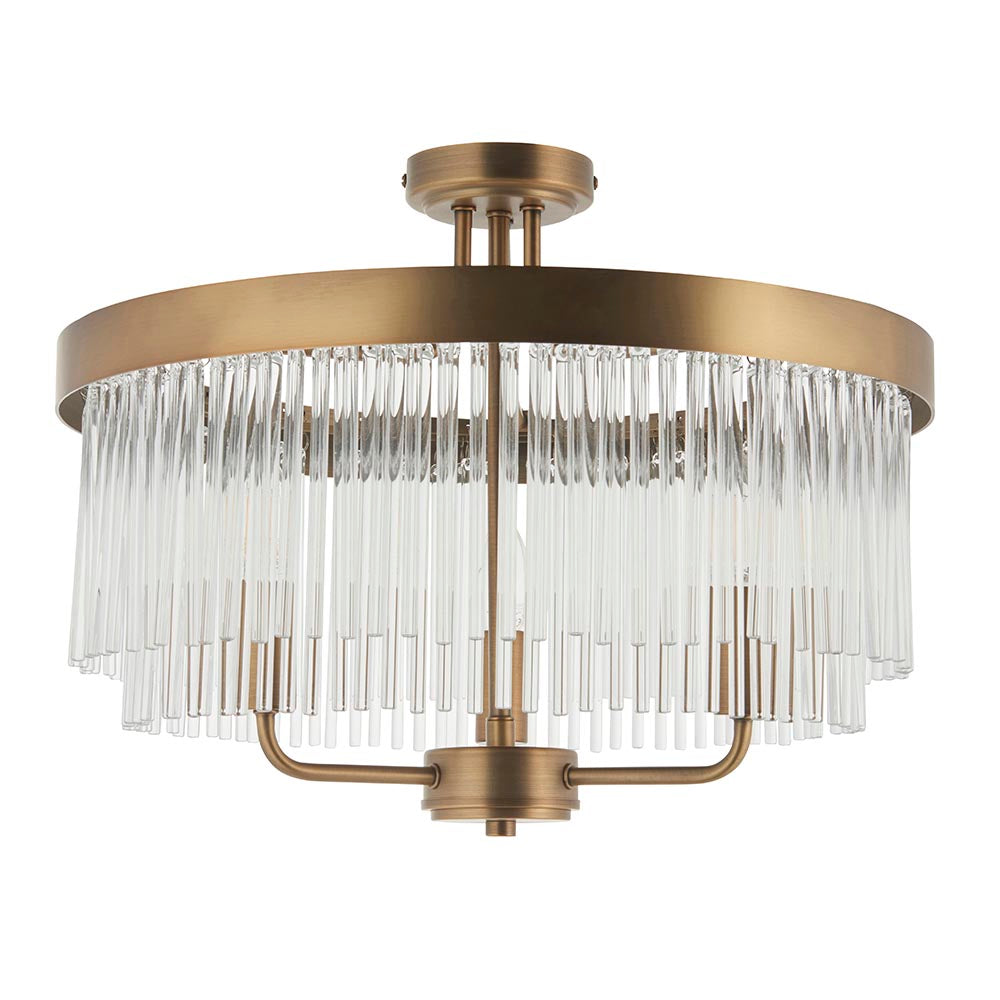 Endon Chatsworth 3 light semi-flush ceiling light in antique brass, with two tiers of clear glass rods below a circular ceiling plate, on white.