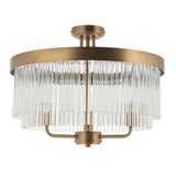 Endon Chatsworth 3 light semi-flush ceiling light in antique brass, with two tiers of clear glass rods below a circular ceiling plate, on white.