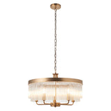 Endon Chatsworth 5 light pendant in antique brass with a two-tier round frame of clear glass rods, suspended from a chain on a plain white background.