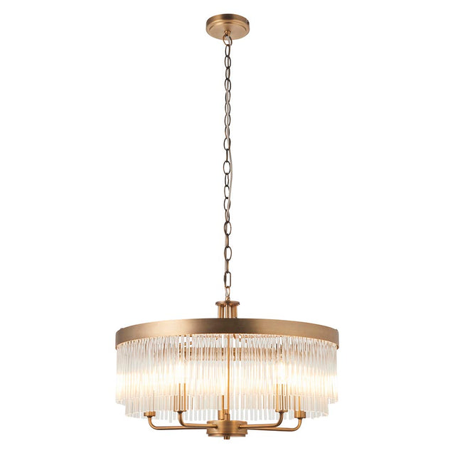 Endon Chatsworth 5 light pendant in antique brass with a two-tier round frame of clear glass rods, suspended from a chain on a plain white background.