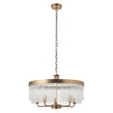 Endon Chatsworth 5 light pendant in antique brass with a two-tier drum frame of clear glass rods, suspended from a chain on a plain white background.