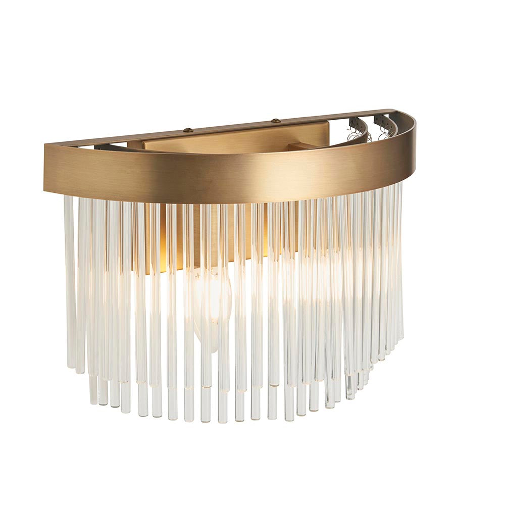 Chatsworth 2 Light Wall Light in antique brass with a curved half-moon frame and hanging clear glass rods, shown lit on a plain white background.