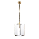 Endon Haddon Grand Pendant in brushed aged brass with clear glass panels, exposed E27 filament bulb, and chain suspension on a white background.