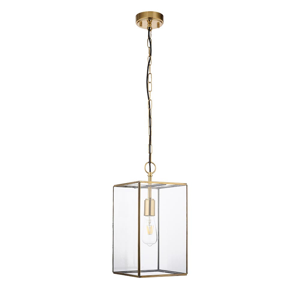 Endon Haddon Grand rectangular lantern pendant in brushed aged brass with clear glass panels and exposed E27 bulb on a chain suspension.