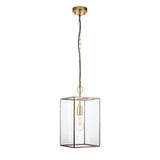 Endon Haddon Grand rectangular lantern pendant in brushed aged brass with clear glass panels and exposed E27 bulb on a chain suspension.
