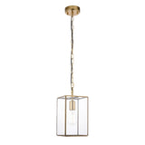 Haddon Pendant in brushed aged brass with a square lantern-style glass frame, chain suspension, and exposed E27 bulb, shown on a plain white background.