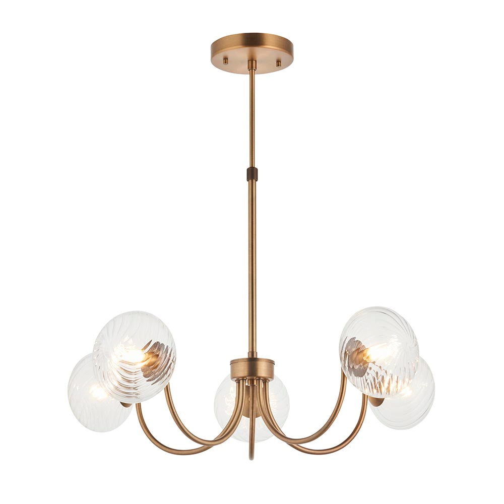 Bramwick 5 Light Pendant in antique brass with curved arms and clear twisted glass globe shades, on an adjustable stem against a plain white background.