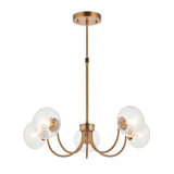 Bramwick 5 Light Pendant in antique brass with curved arms and clear twisted glass globe shades, on an adjustable stem against a plain white background.