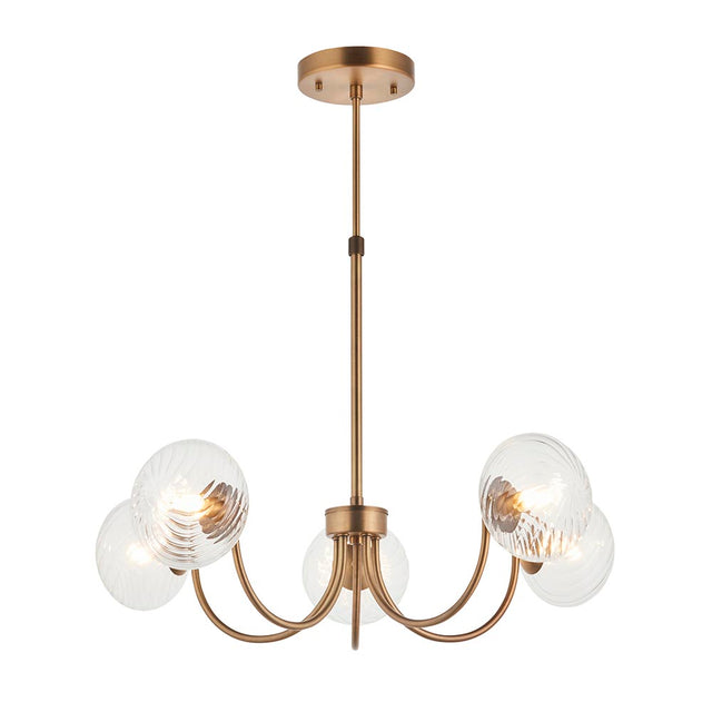 Bramwick 5 Light Pendant in antique brass with curved arms and clear twisted glass globe shades, on an adjustable stem against a plain white background.