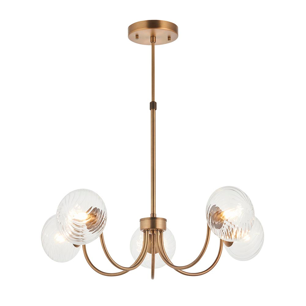 Bramwick 5 Light Pendant in antique brass, with curved arms holding clear twisted glass globe shades on an adjustable stem, shown on a white background.