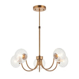 Bramwick 5 Light Pendant in antique brass, with curved arms holding clear twisted glass globe shades on an adjustable stem, shown on a white background.