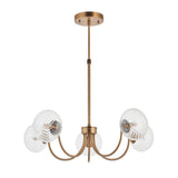 Bramwick 5 Light Pendant in antique brass, with curved arms holding clear twisted glass shades on an adjustable stem, shown on a white background.