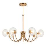 Endon Bramwick 7 light pendant in antique brass with curved arms, clear twisted glass globe shades and a telescopic stem, on a white background.