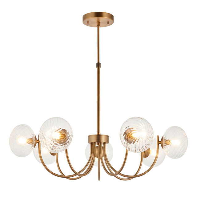 Endon Bramwick 7 light pendant in antique brass with curved arms, clear twisted glass globe shades and a telescopic stem, on a white background.