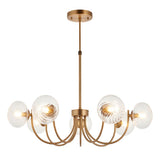 Endon Bramwick 7 light pendant in antique brass with curved arms and clear twisted glass globe shades on a telescopic stem, shown on a white background.