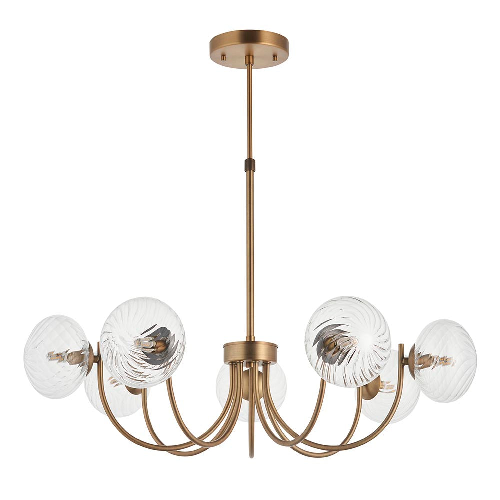 Endon Bramwick 7 light pendant in antique brass with curved arms, clear twisted glass globe shades and a telescopic stem, on a white background.
