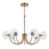 Endon Bramwick 7 light pendant in antique brass with curved arms, clear twisted glass globe shades and a telescopic stem, on a white background.