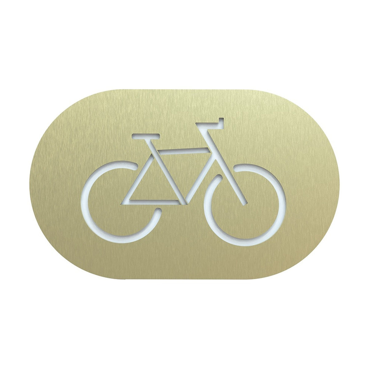Blip 2 Light Wall Light in gold, an oval plastic wall light with rounded ends and a bicycle shape cut into its face, shown on a plain white background.