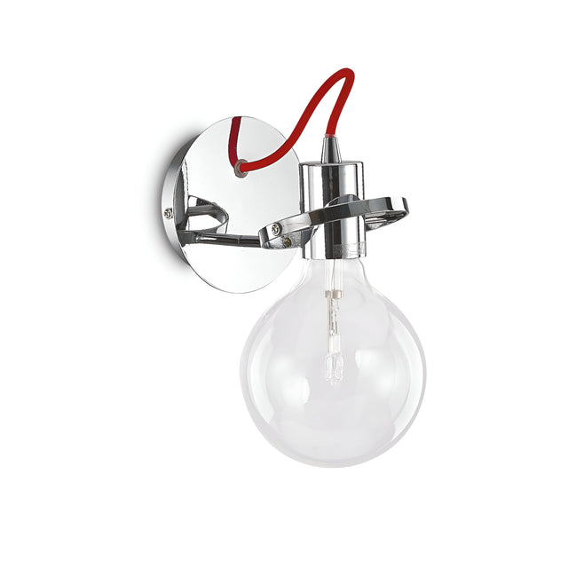 Introducing the Lunaria Wall Light - Chrome: a modern wall-mounted fixture featuring a sleek chrome finish and a prominent clear round bulb. It includes an adjustable diffuser for adaptable lighting, enhanced by an eye-catching red cord that stylishly connects the bulb to the metallic base.