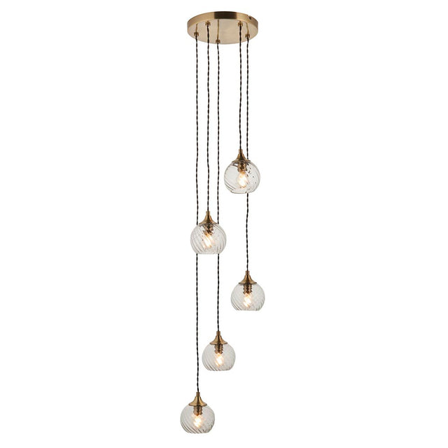 Endon Georgiana 5 light cascade pendant with antique brass ceiling plate and staggered clear spiral glass globe shades on black fabric cables.