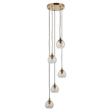 Endon Georgiana 5 light cascade pendant in antique brass with staggered spiral clear glass globe shades on black cables and a round ceiling plate.