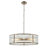 Endon Rothbury 8 light pendant in antique brass with a large drum frame of clear ribbed glass panels, suspended from a chain on a white background.