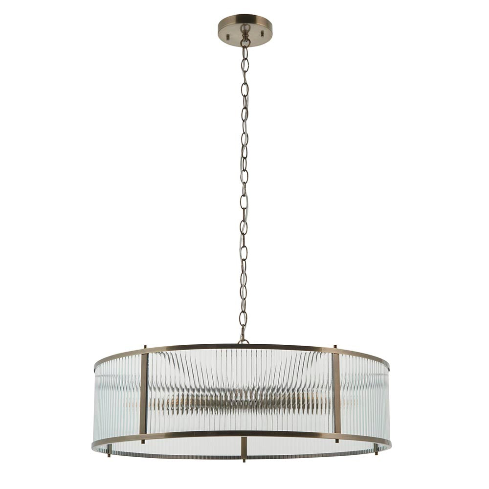 Endon Rothbury 8 light pendant in antique brass with a large drum frame of clear ribbed glass panels, suspended on a chain from a ceiling plate.