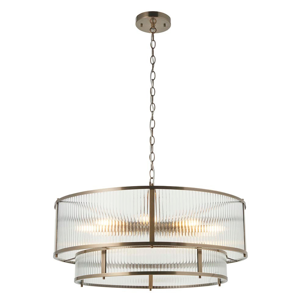 Endon Rothbury 8 light tiered chandelier in antique brass, with clear ribbed glass panel shades across two round tiers on a chain suspension.