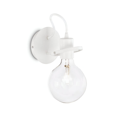 The Lunaria Wall Light - White is a modern wall sconce featuring a matte white finish and minimalist design. It showcases an exposed large glass bulb and includes a circular backplate along with a sleek holder, offering a contemporary look perfect for indoor lighting.