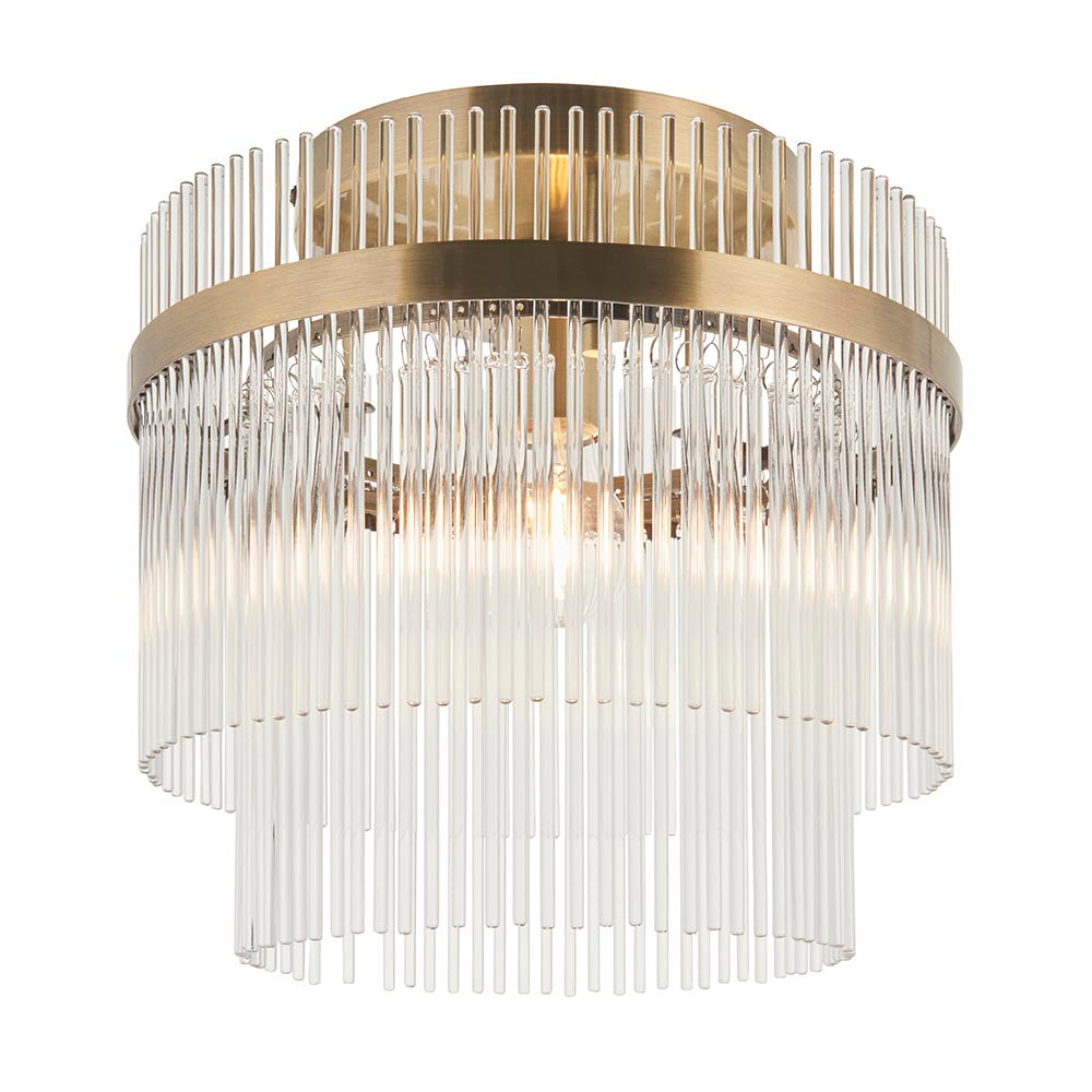 Endon Beaumont flush ceiling light in antique brass with a two-tier glass rod shade and single E27 lamp, shown on a plain white background.