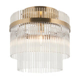 Endon Beaumont flush ceiling light in antique brass with a two-tier glass rod shade and single E27 lamp, shown on a plain white background.