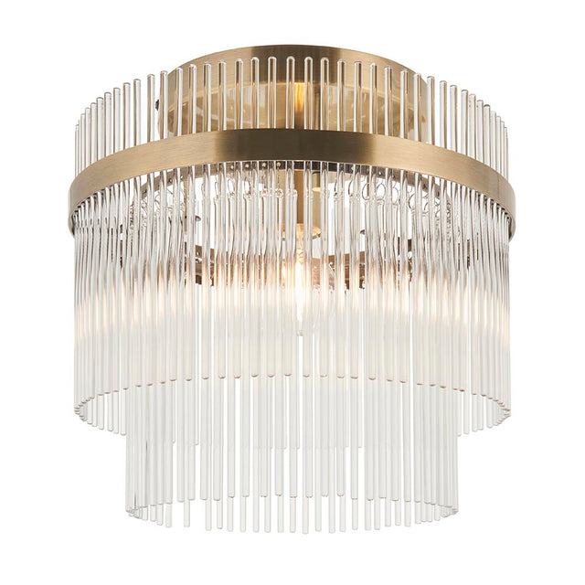 Endon Beaumont flush ceiling light in antique brass with a two-tier glass rod shade and single E27 lamp, shown on a plain white background.
