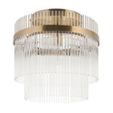 Endon Beaumont flush ceiling light in antique brass, with a two-tier arrangement of clear glass rods around a single E27 lamp, on a white background.