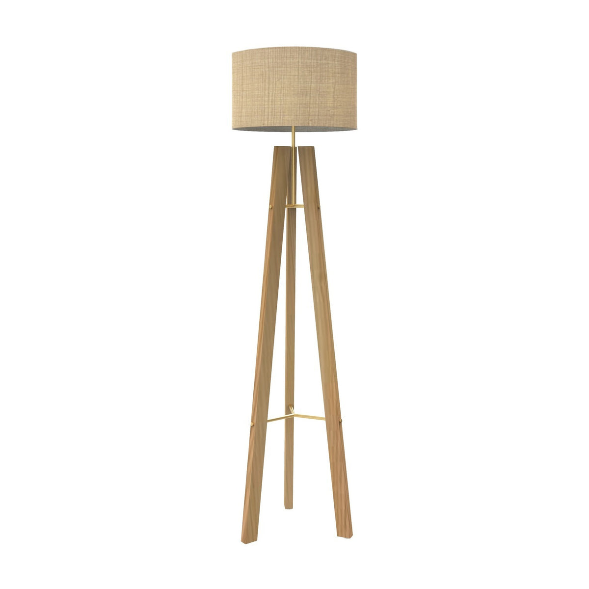 Breeze Fabric Drum Tripod Floor Lamp with a natural fibre drum shade atop slim wooden legs and a gold brass brace, shown on a plain white background.