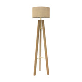 Breeze Fabric Drum Tripod Floor Lamp with a natural fibre drum shade atop slim wooden legs and a gold brass brace, shown on a plain white background.