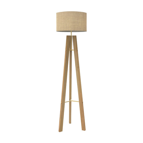 Breeze Fabric Drum Tripod Floor Lamp with a natural fibre drum shade atop slim wooden legs and a gold brass brace, shown on a plain white background.