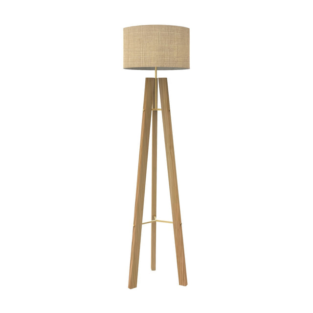 Breeze Fabric Drum Tripod Floor Lamp with a natural fibre drum shade atop slim wooden legs and a gold brass brace, shown on a plain white background.