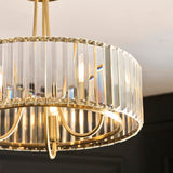 Fairfax 3 Light Semi-Flush Ceiling Light in antique brass, close-up of glass rod shade and brass frame with visible E14 bulbs.