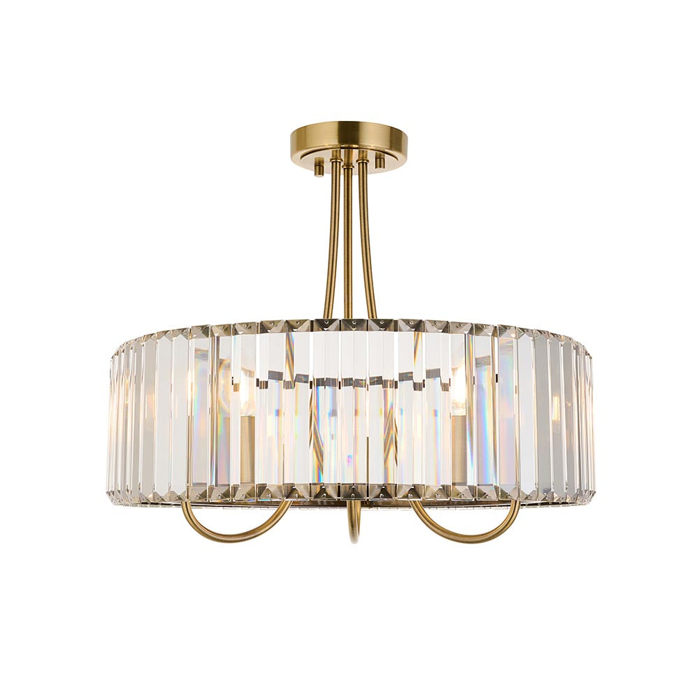 Fairfax 3-light semi-flush ceiling light in antique brass, round drum frame with clear crystal glass panels, shown on a plain white background.