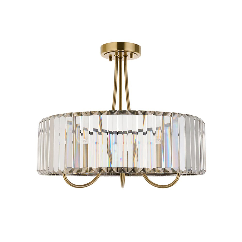 Fairfax 3-light semi-flush ceiling light in antique brass with cut crystal glass panels forming a drum shade on a slim brass frame.