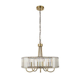 Fairfax 5 Light Pendant in antique brass with a drum-shaped ring of clear cut glass panels, hung from a long chain on a plain white background.
