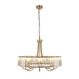 Endon Fairfax 8 light pendant in antique brass with tiered clear cut lozenge glass facets and chain suspension, shown on a plain white background.