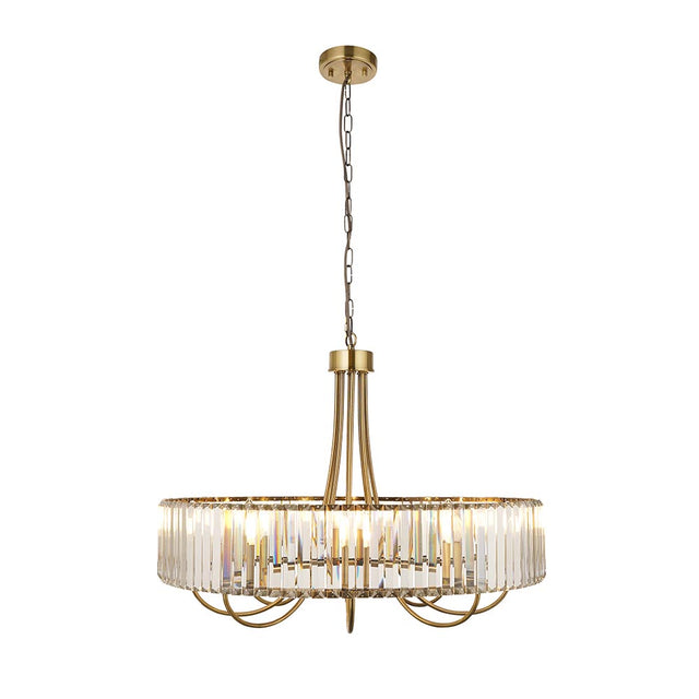 Endon Fairfax 8 light pendant in antique brass with tiered clear cut lozenge glass facets and chain suspension, shown on a plain white background.