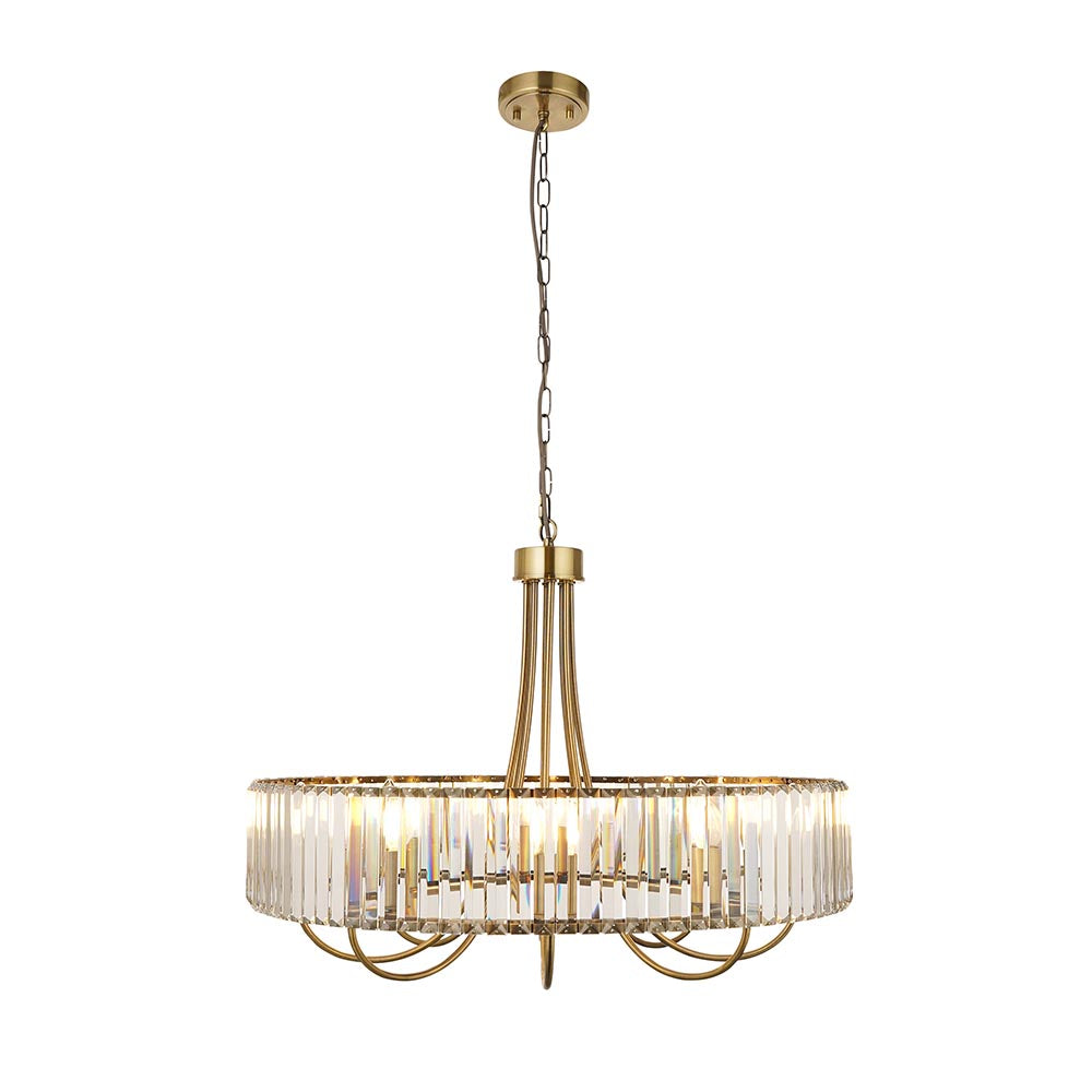 Endon Fairfax 8 light pendant in antique brass with tiered clear cut lozenge glass facets and chain suspension, shown on a plain white background.