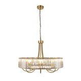 Endon Fairfax 8 light pendant in antique brass with tiered clear cut lozenge glass facets and chain suspension, shown on a plain white background.