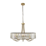 Endon Fairfax 8 Light Pendant in antique brass with tiered clear cut lozenge glass, chain suspension and ceiling rose, on a white background.