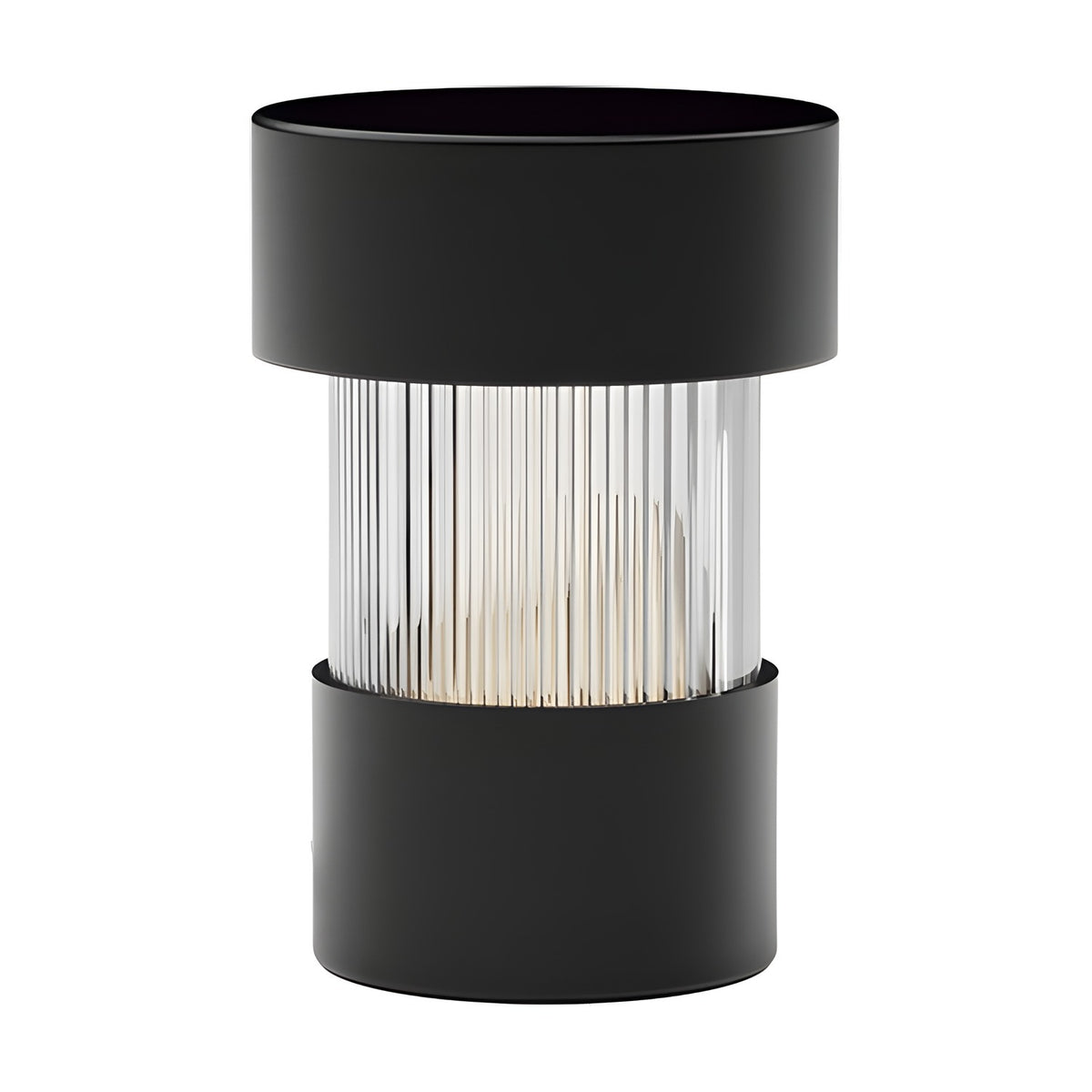 Balise LED rechargeable table lamp with a ribbed glass cylinder between matt black iron bands, shown on a plain white background.
