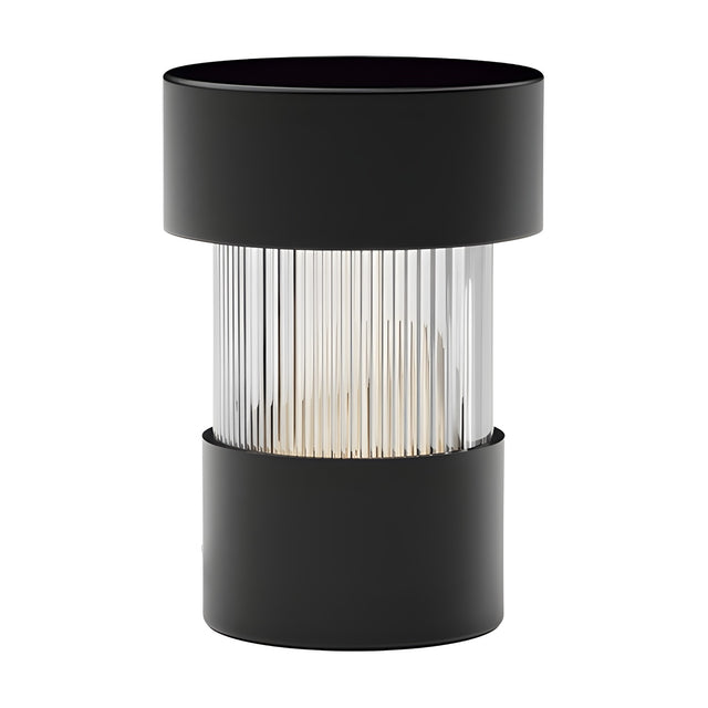 Balise LED rechargeable table lamp with a ribbed glass cylinder between matt black iron bands, shown on a plain white background.