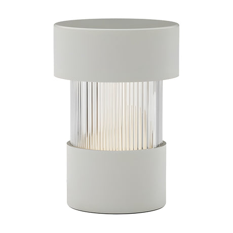 Balise LED Ribbed Glass Rechargeable Table Lamp in matt white, with a cylindrical fluted glass centre between flat iron cap and base, shown on a plain white background.