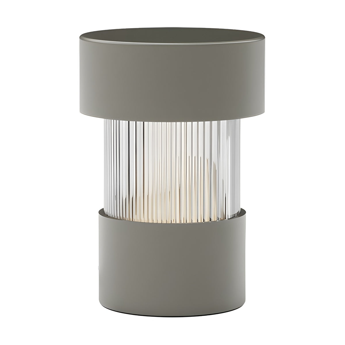 Balise LED Ribbed Glass Rechargeable Table Lamp in green, a cylindrical design with iron cap and base framing a fluted glass shade, shown on a plain white background.
